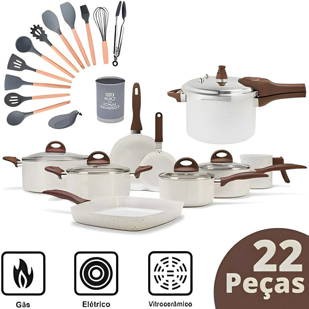 (QUEIMA DE ESTOQUE - COMPRE 5 E LEVE 22 ) - Conjunto de 22 Panelas Brimax Ceramic Premium Life Smart Vanilla