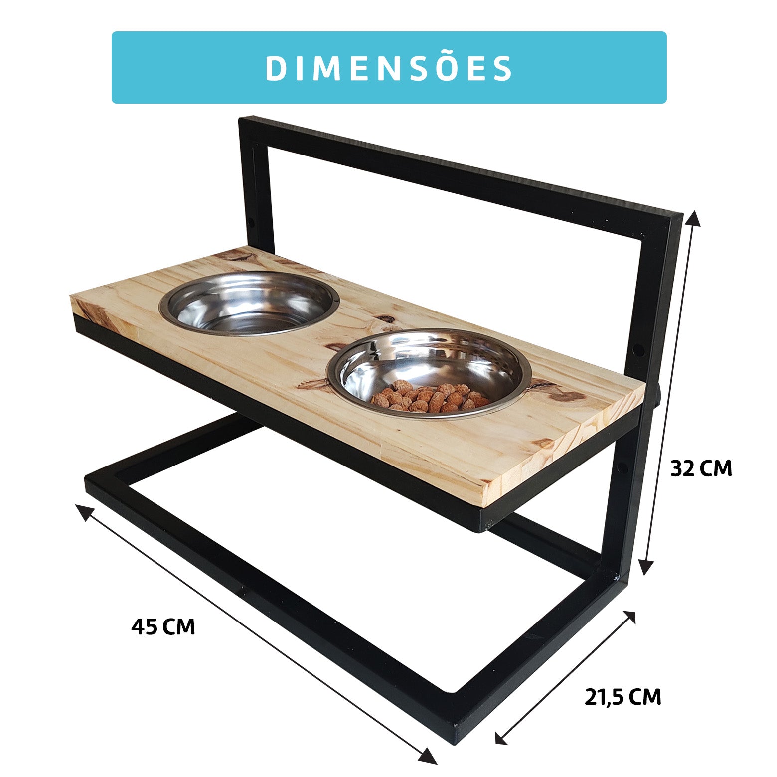 Comedouro Madeira E Ferro Ajustável Duplo Cães E Gatos
