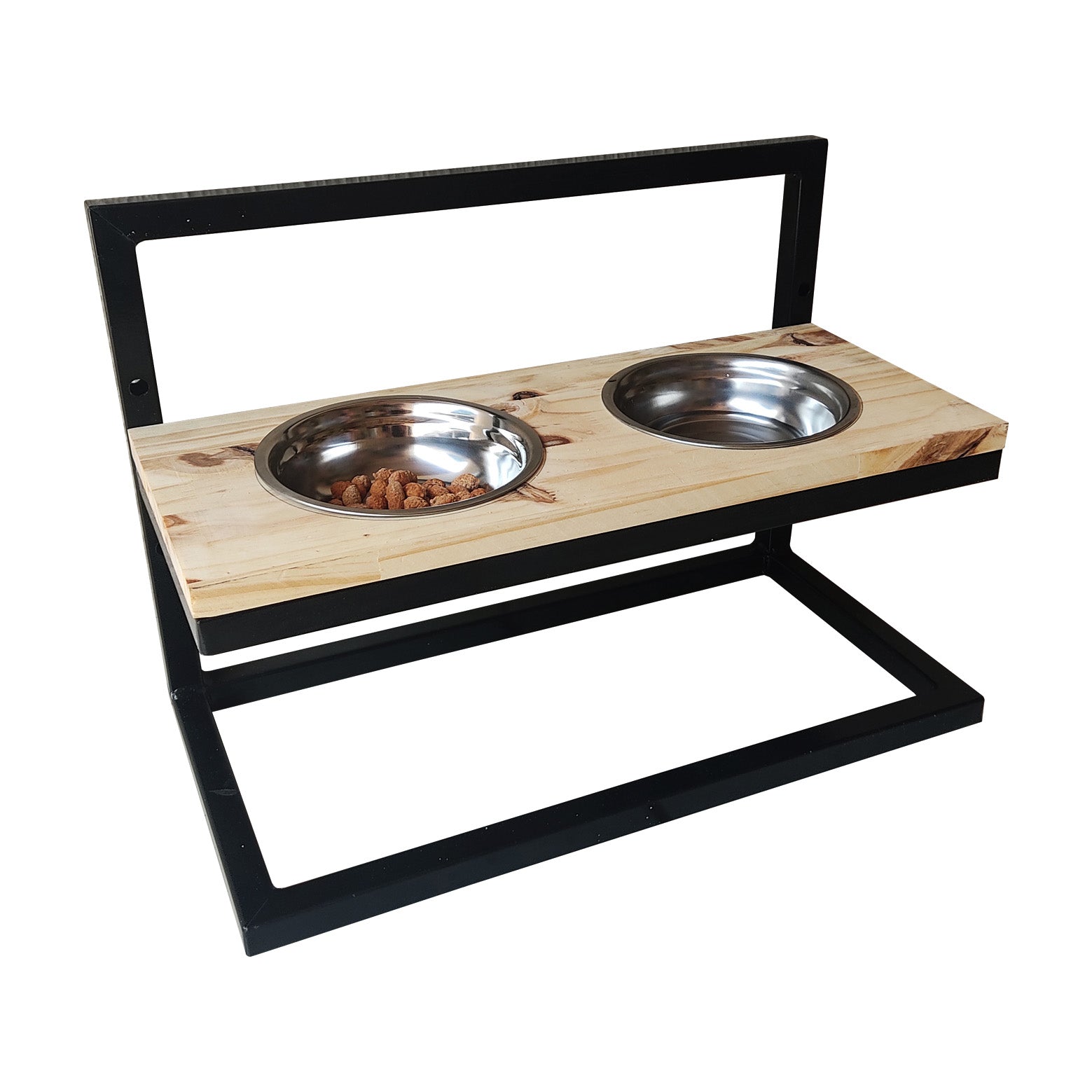 Comedouro Madeira E Ferro Ajustável Duplo Cães E Gatos
