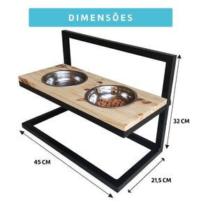 Comedouro Madeira E Ferro Ajustável Duplo Cães E Gatos