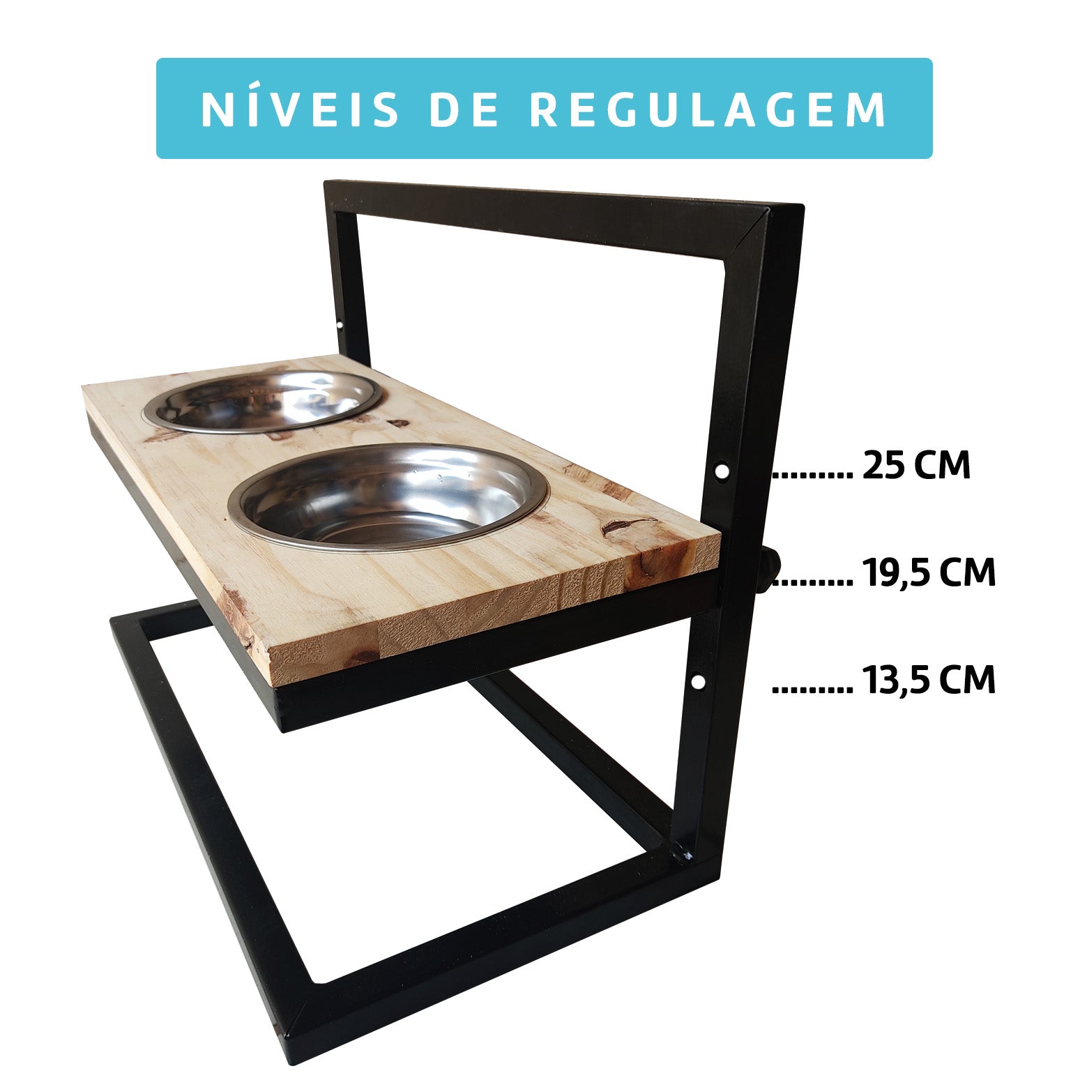 Comedouro Madeira E Ferro Ajustável Duplo Cães E Gatos