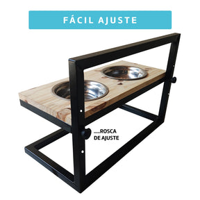 Comedouro Madeira E Ferro Ajustável Duplo Cães E Gatos